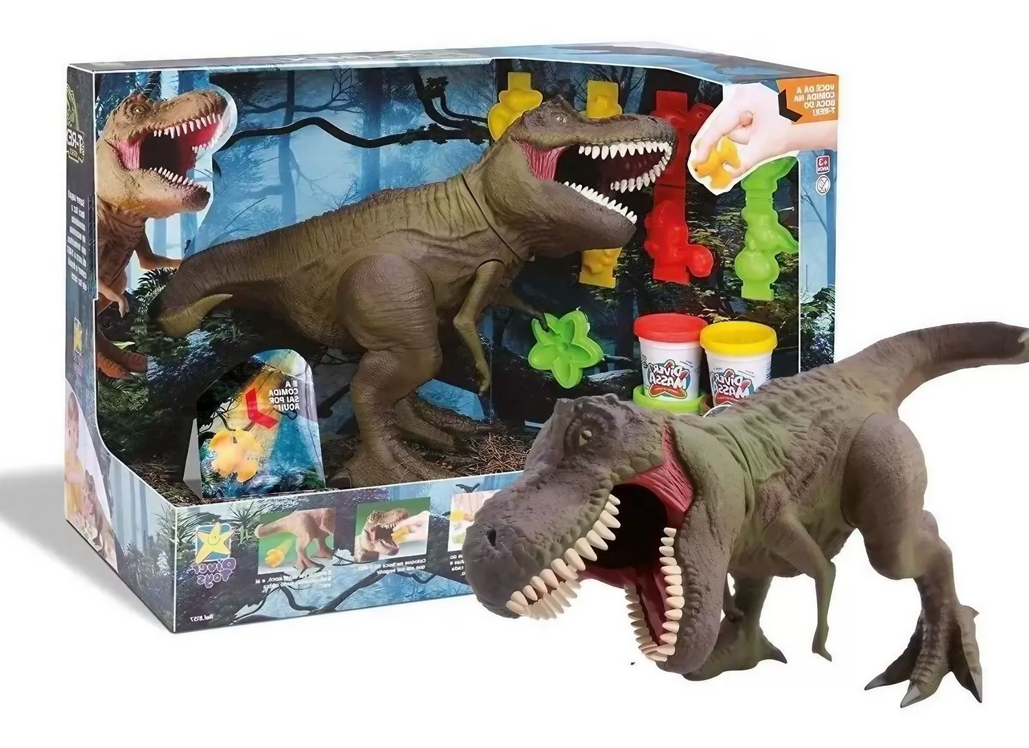 Dinossauro T-Rex Ataca com 4 Potes de Massinha Diver Toys Dinossauro T-Rex Ataca com 4 Potes de Massinha Diver Toys