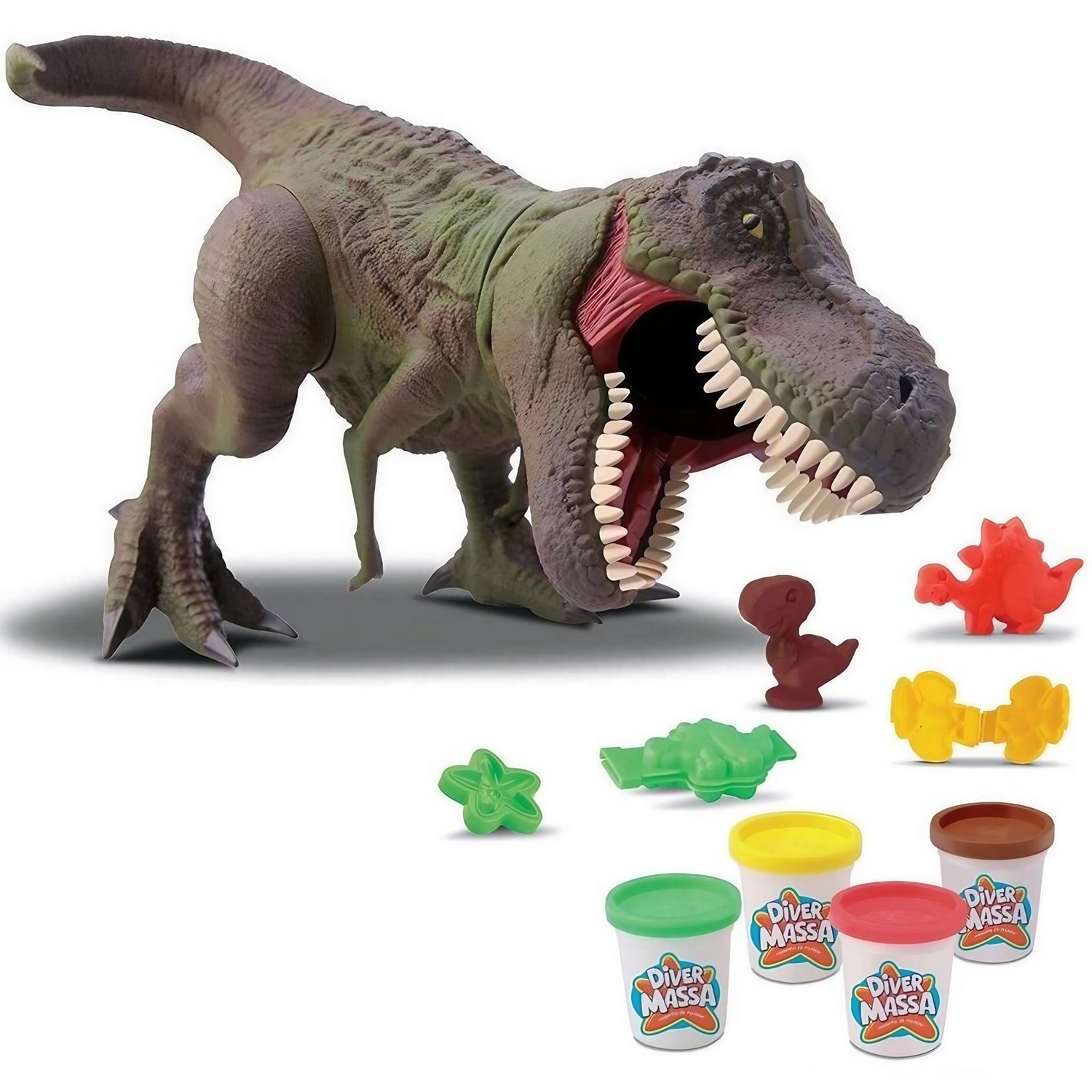 Dinossauro T-Rex Ataca com 4 Potes de Massinha Diver Toys Dinossauro T-Rex Ataca com 4 Potes de Massinha Diver Toys