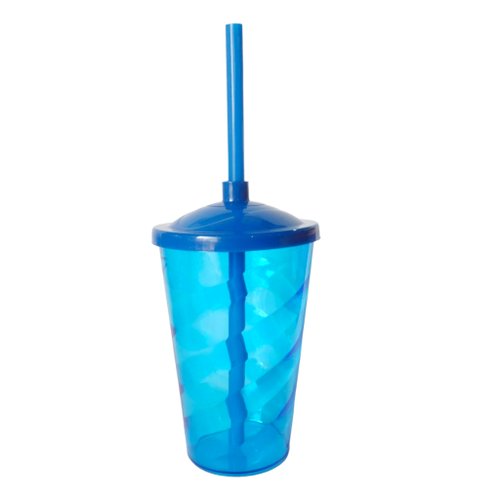 Copo Fest C/Tampa e Canudo Azul Transparente 400ml