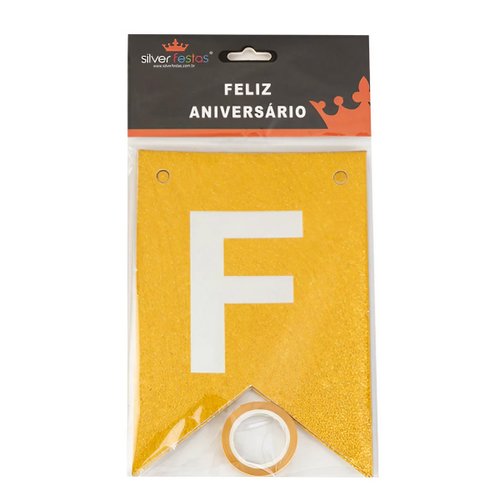 Faixa Feliz Aniversário Dourada Com Glitter Silver Festas