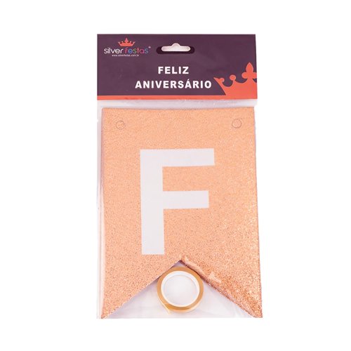 Faixa Feliz Aniversário Rosê Gold Com Glitter Silver Festas