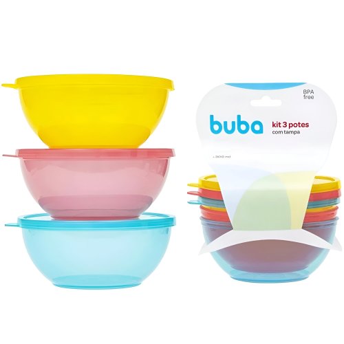 Kit 3 Potes Bowls Papinha C/Tampa Coloridos Buba
