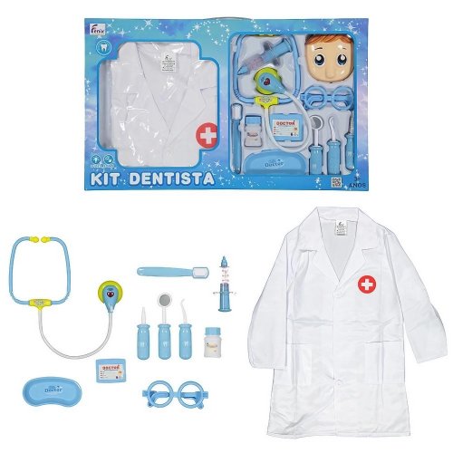Kit Dentista Infantil Completo Com Avental Azul Fenix