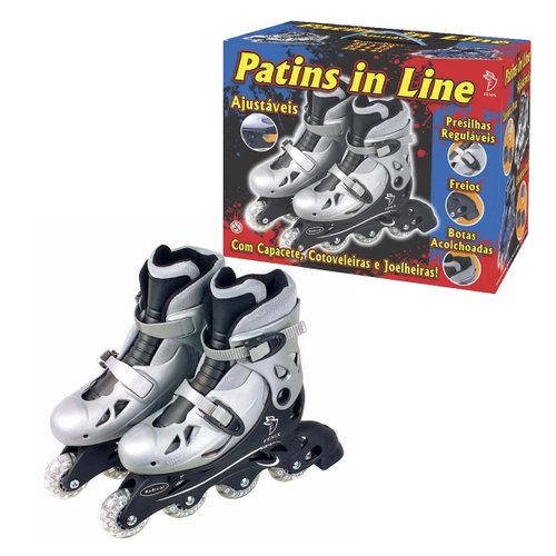 Patins 4 Rodas Ajustável In Line Prata com Acessórios Fenix 34-37