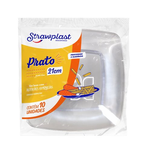 Prato Quadrado Cristal 21cm Strawplast C/10 Unidades