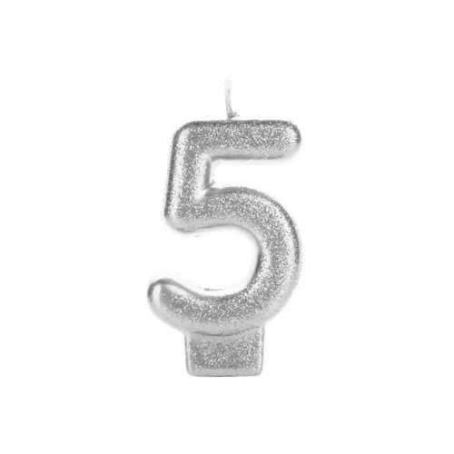 Vela Glitter Pequena Prata Número 5 Silver Festas