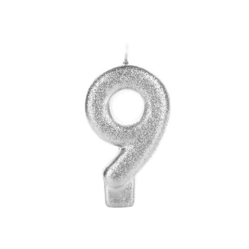 Vela Glitter Pequena Prata Número 9 Silver Festas