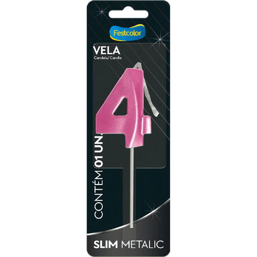 Vela Slim Metalic Pink Número 4 Festcolor