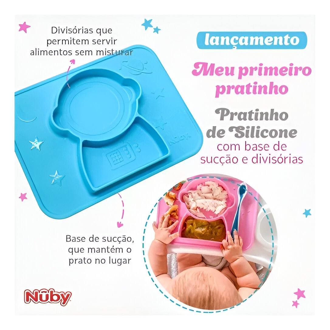 Prato Silicone Azul Infantil Com Divisória E Sucção Nuby Prato Silicone Azul Infantil Com Divisória E Sucção Nuby