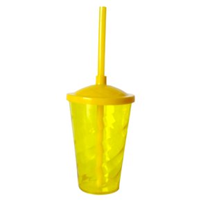 Copo Fest C/Tampa e Canudo Amarelo Transparente 400ml