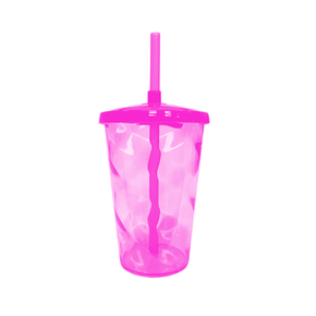 Copo Fest C/Tampa e Canudo Rosa Flúor 400ml