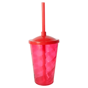 Copo Fest C/Tampa e Canudo Vermelho Transparente 400ml