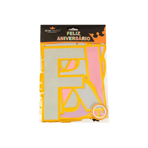 Faixa Feliz Aniversario Letras Colorida Com Borda Dourada Silver Festas