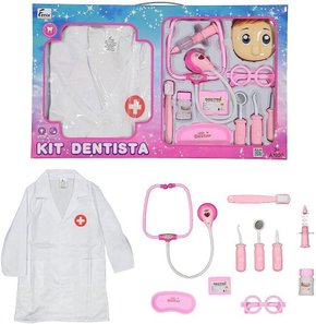 Kit Dentista Infantil Completo Com Avental Rosa Fenix