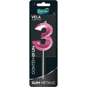 Vela Slim Metalic Pink Número 3 Festcolor