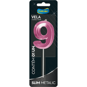 Vela Slim Metalic Pink Número 9 Festcolor